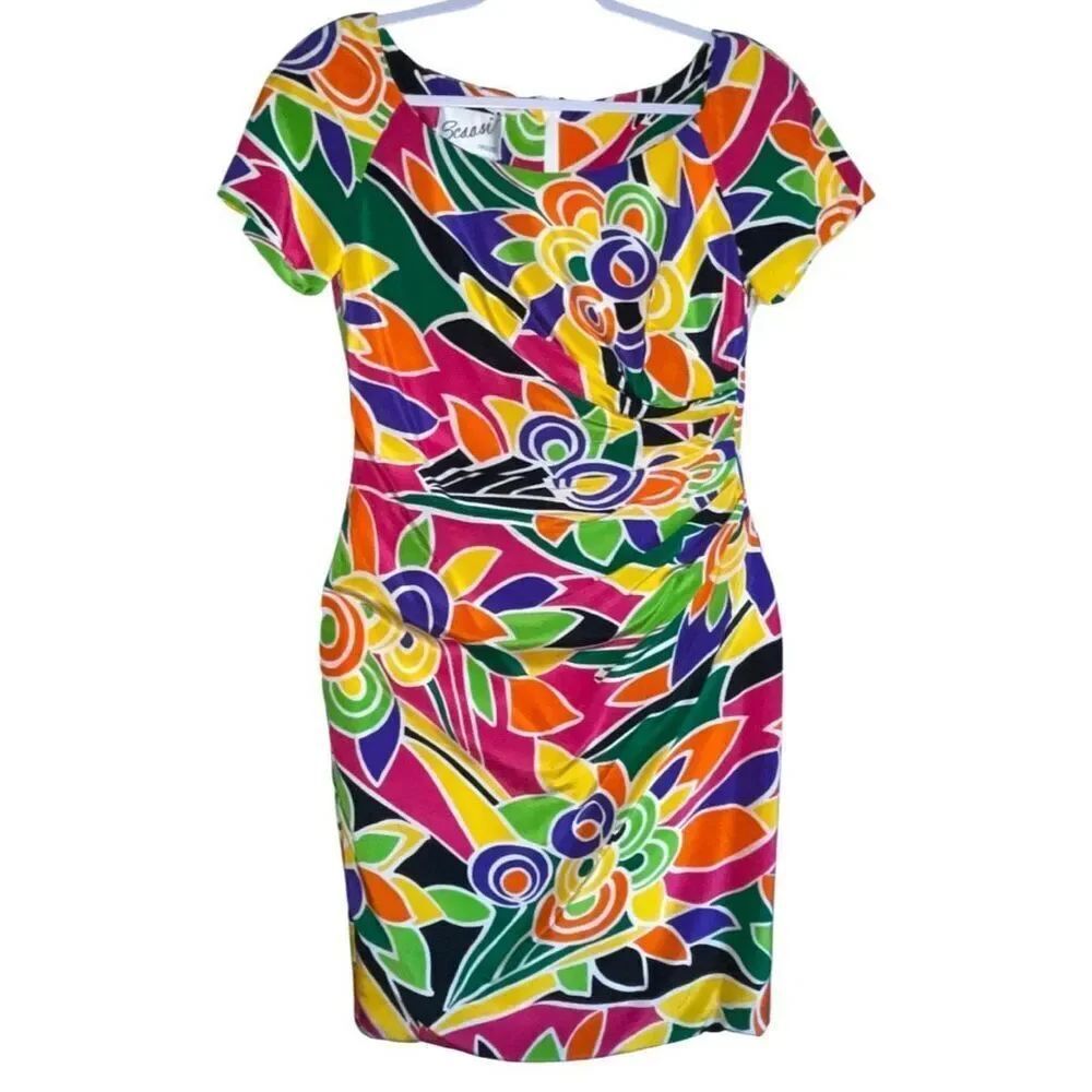 Scaasi Dress Vintage 100%Silk colorful Floral Print lined back zip EUC SIZE 8